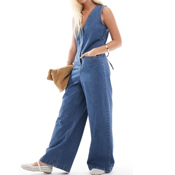 ASOS Design Curve Denim Jumpsuit Womens 14 Sleeveless Blue Jean Tie Back Pockets - Picture 1 of 4